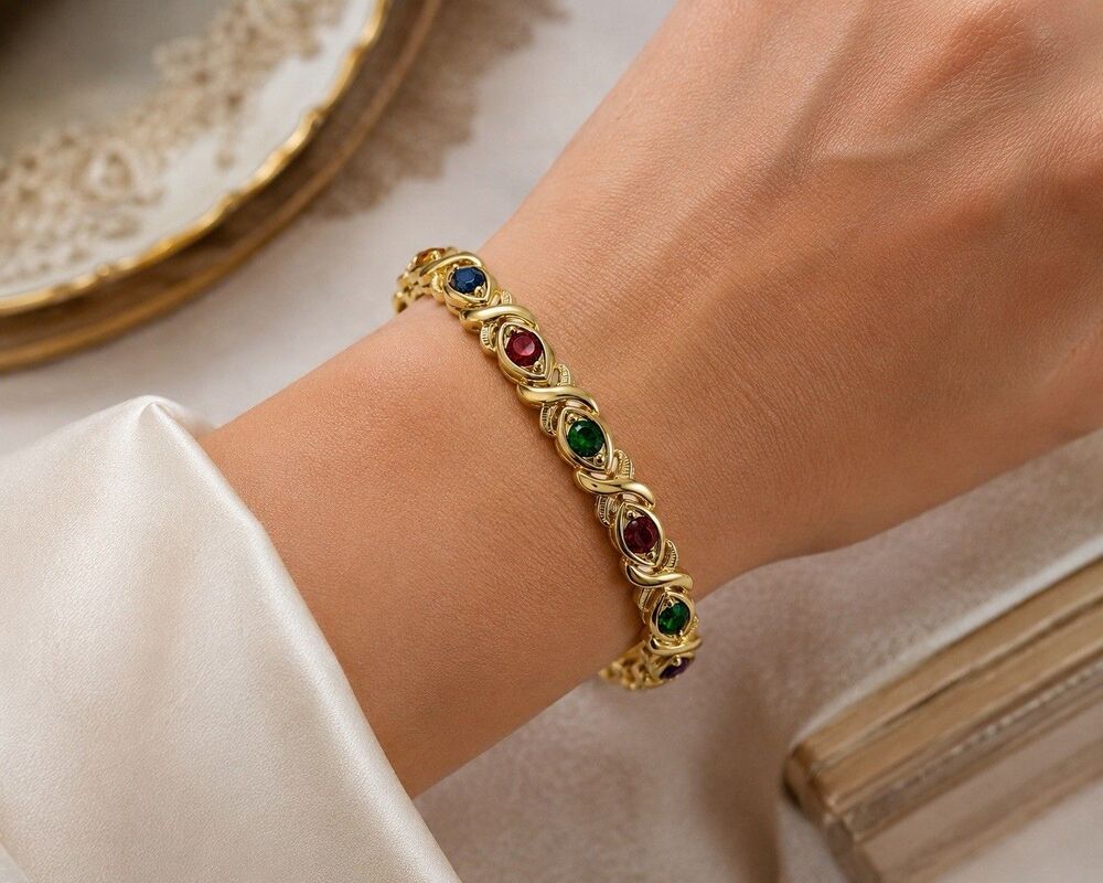 Vintage Gold Tone Multi Color Rhinestone XO Tennis Bracelet USA Marked Jewel